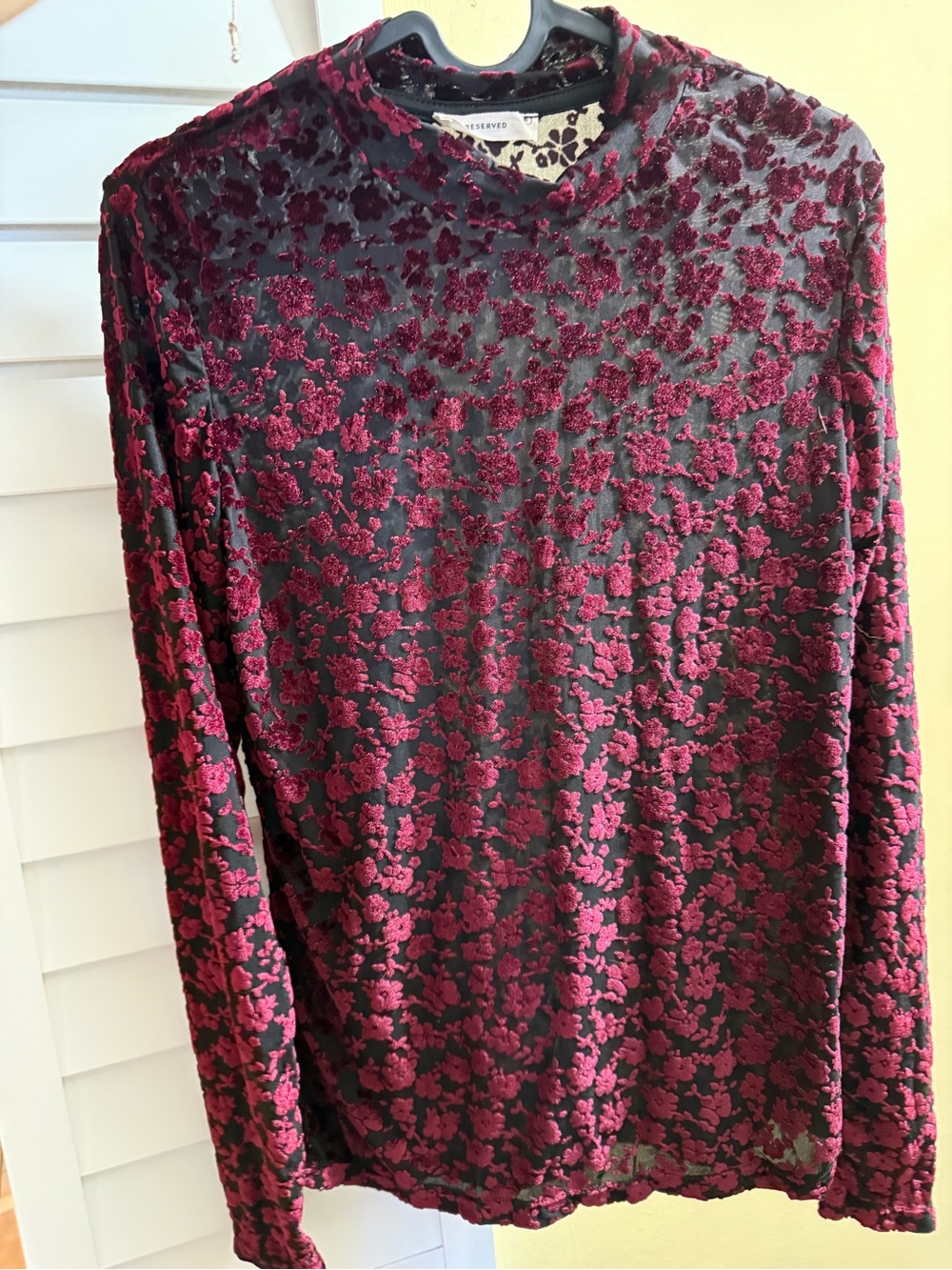 Reserved Long Sleeve Burnout Velvet Floral Top - Burgundy on Black